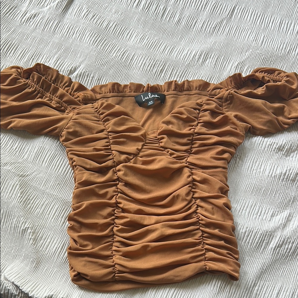 Lulu's Brown Ruched Off-the-Shoulder Blouse